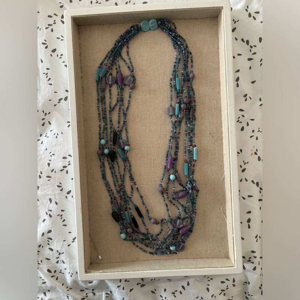 Multi strand beaded necklace, shades of blue and purple